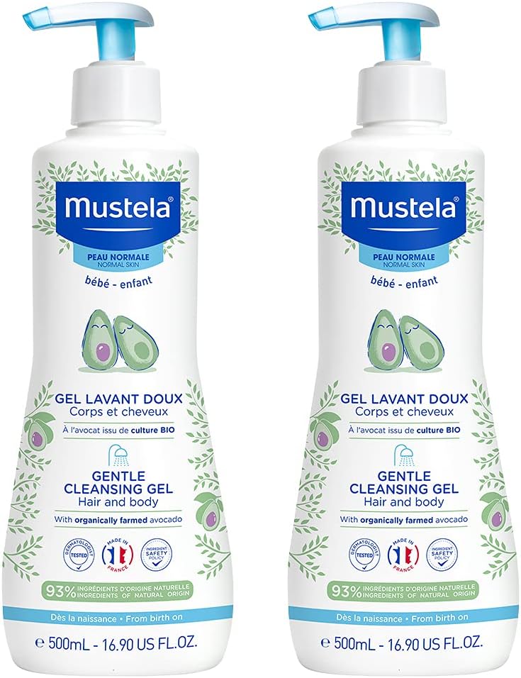 Mustela Baby Gentle Cleansing Gel - Baby Hair & Body Wash - with Natural Avocado fortified with Vitamin B5 -BIG OFFER Biodegradable Formula & Tear-Free - Pack of 2 - 500ml