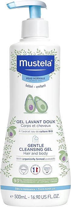 Mustela Baby Gentle Cleansing Gel - Baby Hair & Body Wash - with Natural Avocado fortified with Vitamin B5 -BIG OFFER Biodegradable Formula & Tear-Free - Pack of 2 - 500ml