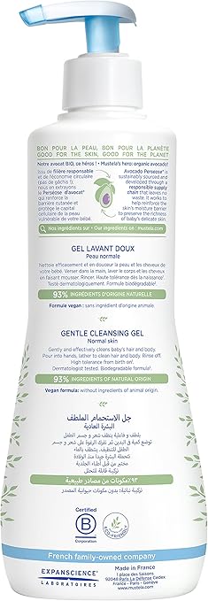 Mustela Baby Gentle Cleansing Gel - Baby Hair & Body Wash - with Natural Avocado fortified with Vitamin B5 -BIG OFFER Biodegradable Formula & Tear-Free - Pack of 2 - 500ml